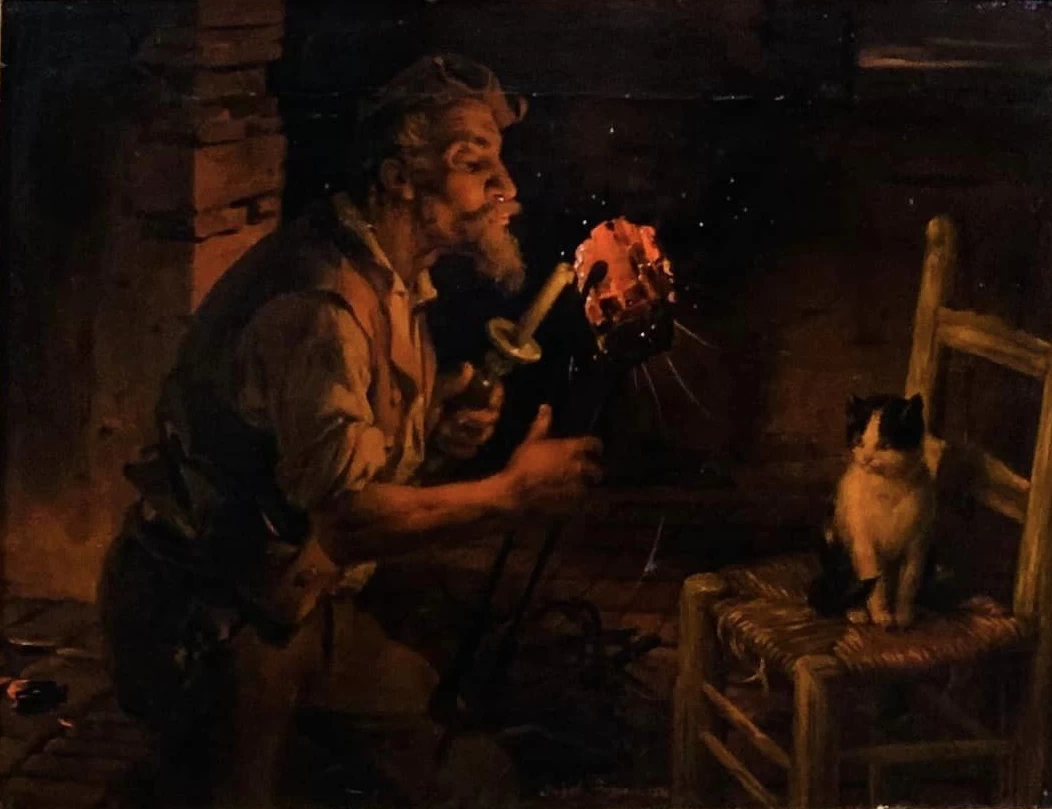 245-Angelo Inganni-Uomo che accende il fuoco con una candela